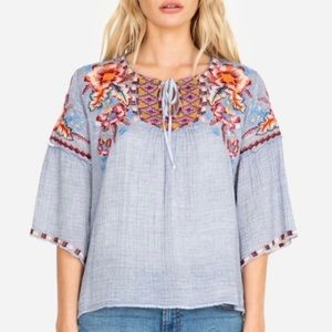 Johnny Was Boho Embroidered Blue Top